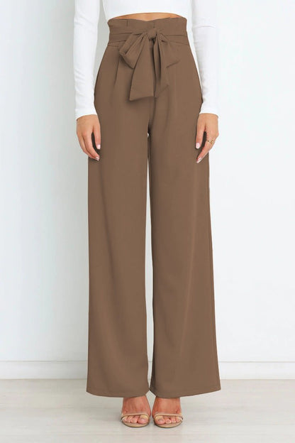 Femme Pantalon Large Taille Haute avec Ceinture Nouée
