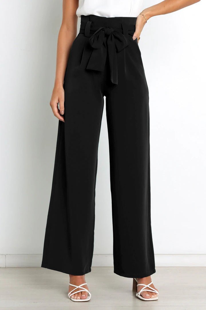 Femme Pantalon Large Taille Haute avec Ceinture Nouée