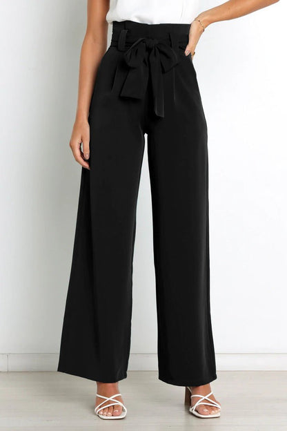 Femme Pantalon Large Taille Haute avec Ceinture Nouée