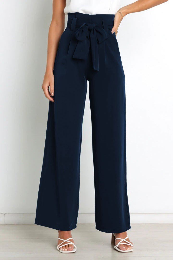 Femme Pantalon Large Taille Haute avec Ceinture Nouée
