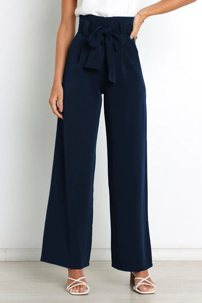 Femme Pantalon Large Taille Haute avec Ceinture Nouée