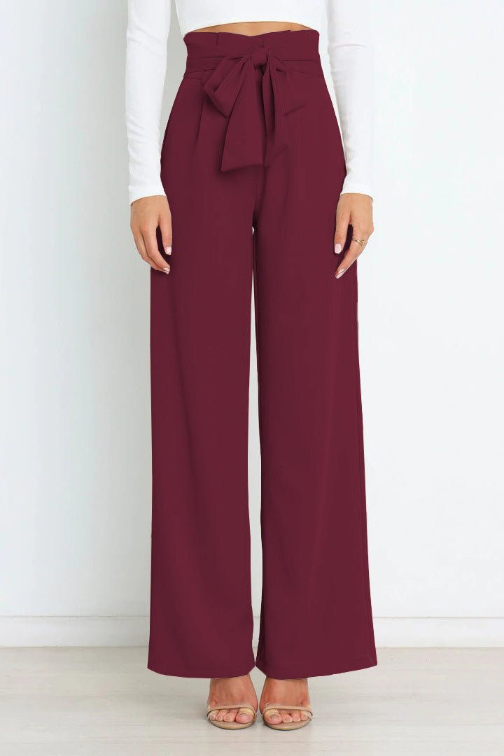 Femme Pantalon Large Taille Haute avec Ceinture Nouée