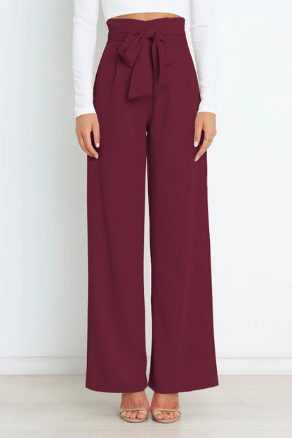 Femme Pantalon Large Taille Haute avec Ceinture Nouée