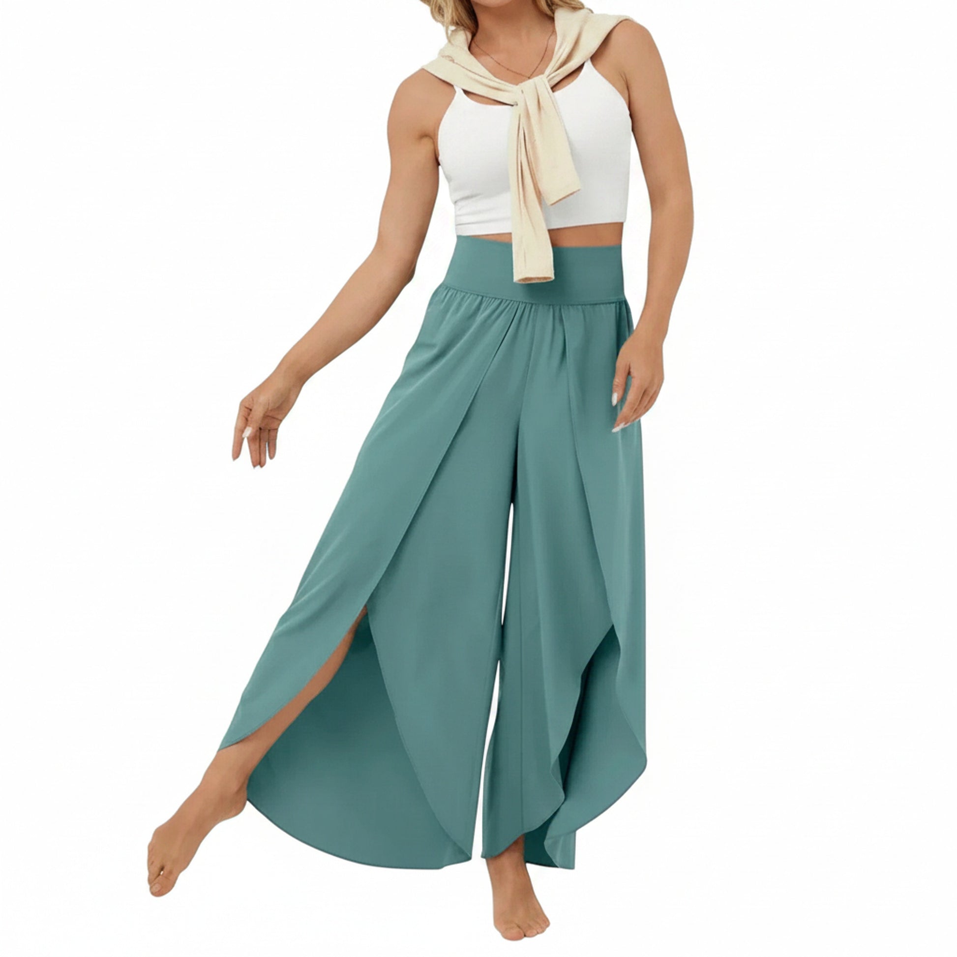 Femme Pantalon Large Taille Haute avec Fente et Short Intégré