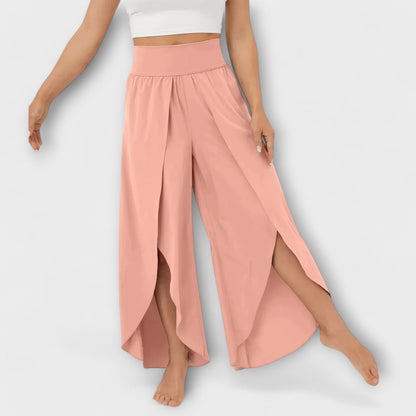 Femme Pantalon Large Taille Haute avec Fente et Short Intégré