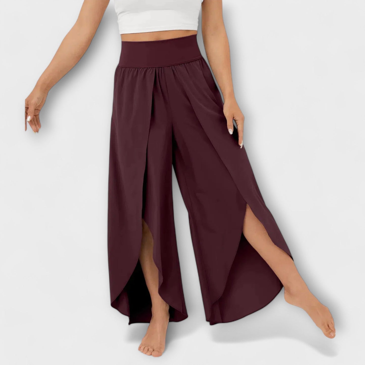 Femme Pantalon Large Taille Haute avec Fente et Short Intégré