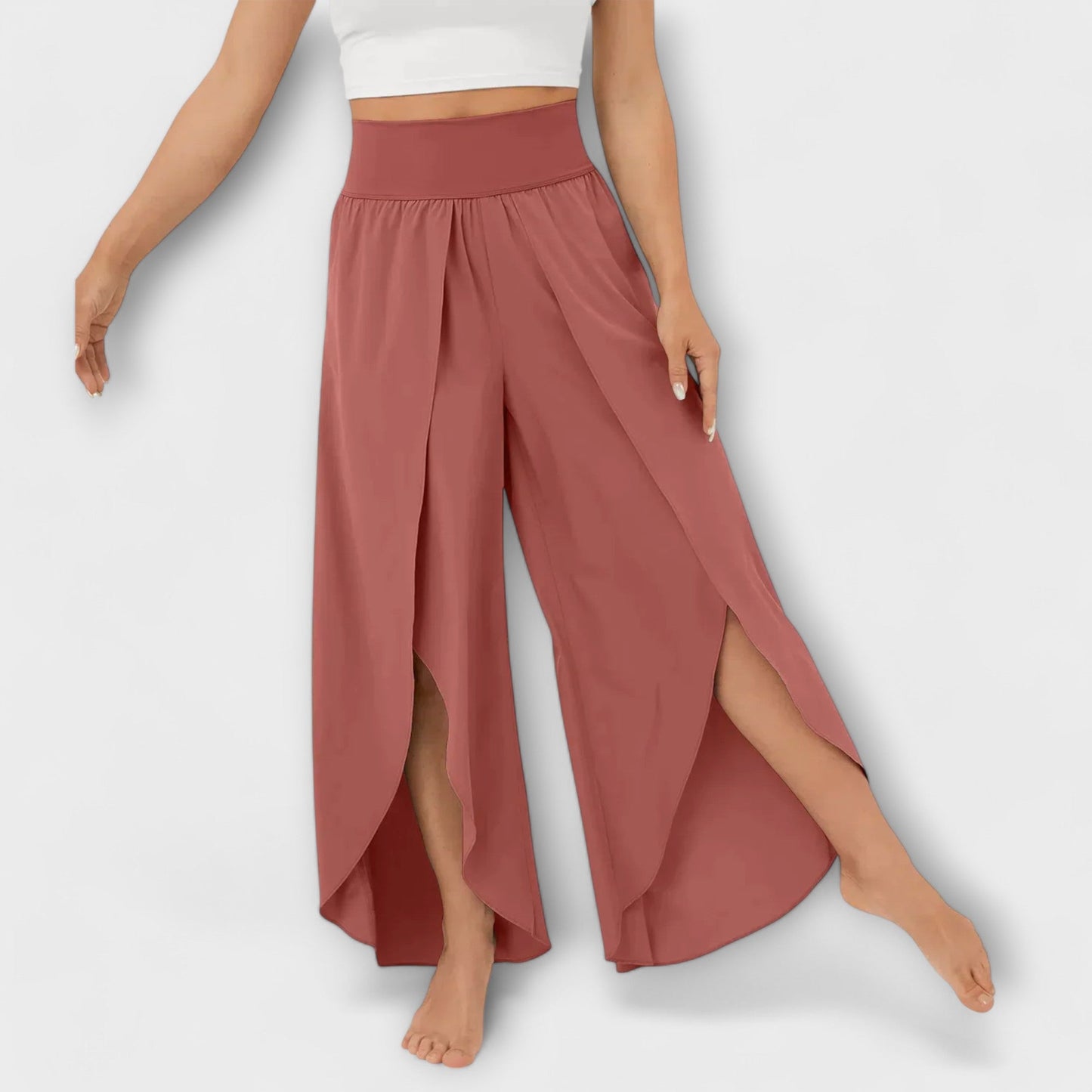 Femme Pantalon Large Taille Haute avec Fente et Short Intégré