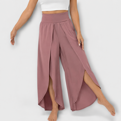 Femme Pantalon Large Taille Haute avec Fente et Short Intégré