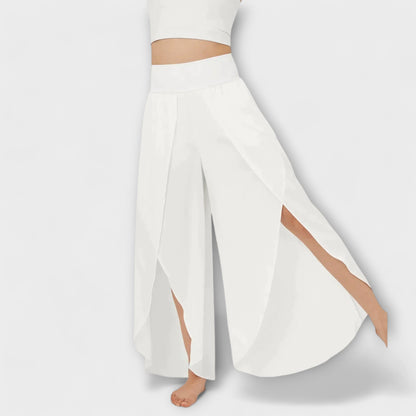 Femme Pantalon Large Taille Haute avec Fente et Short Intégré