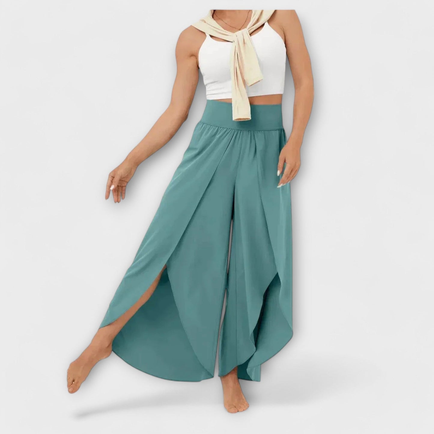 Femme Pantalon Large Taille Haute avec Fente et Short Intégré