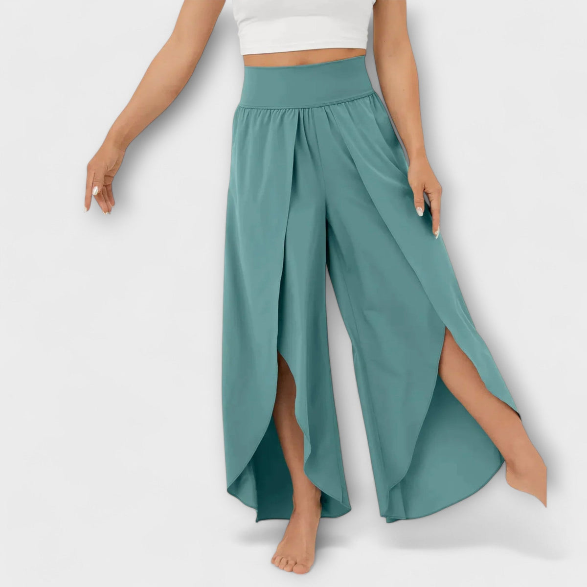 Femme Pantalon Large Taille Haute avec Fente et Short Intégré