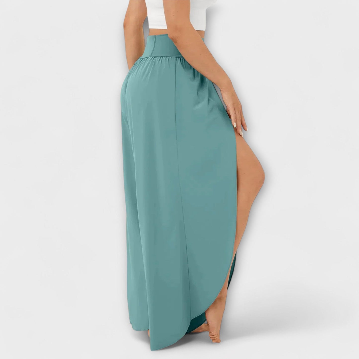 Femme Pantalon Large Taille Haute avec Fente et Short Intégré