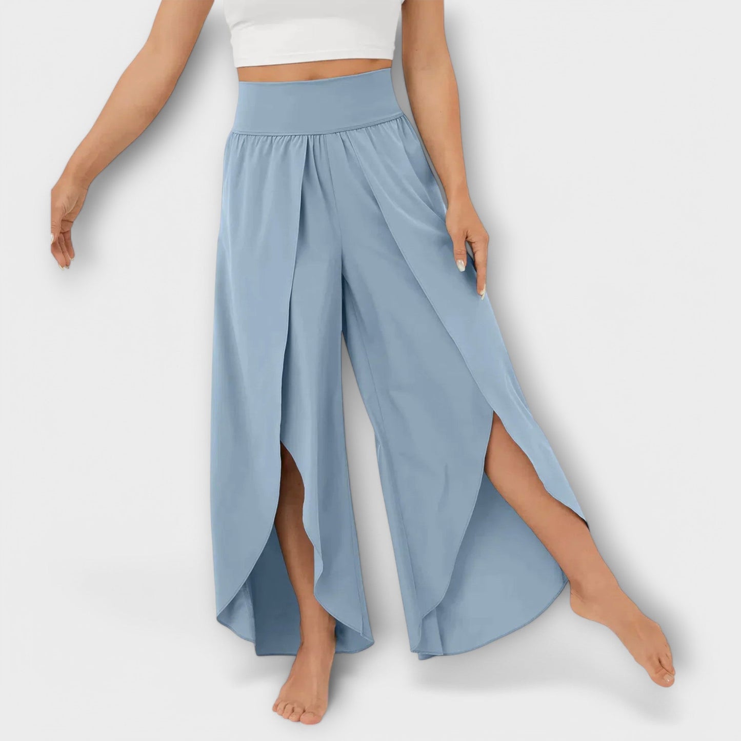 Femme Pantalon Large Taille Haute avec Fente et Short Intégré