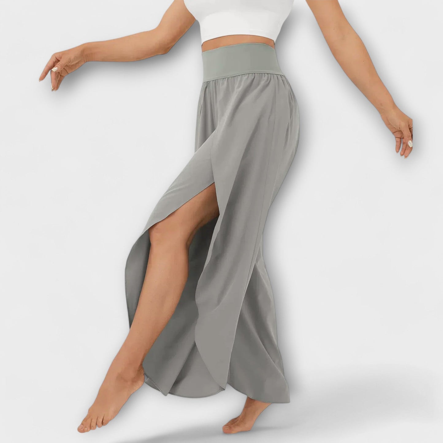 Femme Pantalon Large Taille Haute avec Fente et Short Intégré