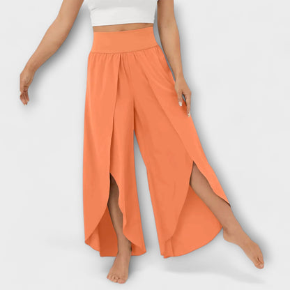 Femme Pantalon Large Taille Haute avec Fente et Short Intégré