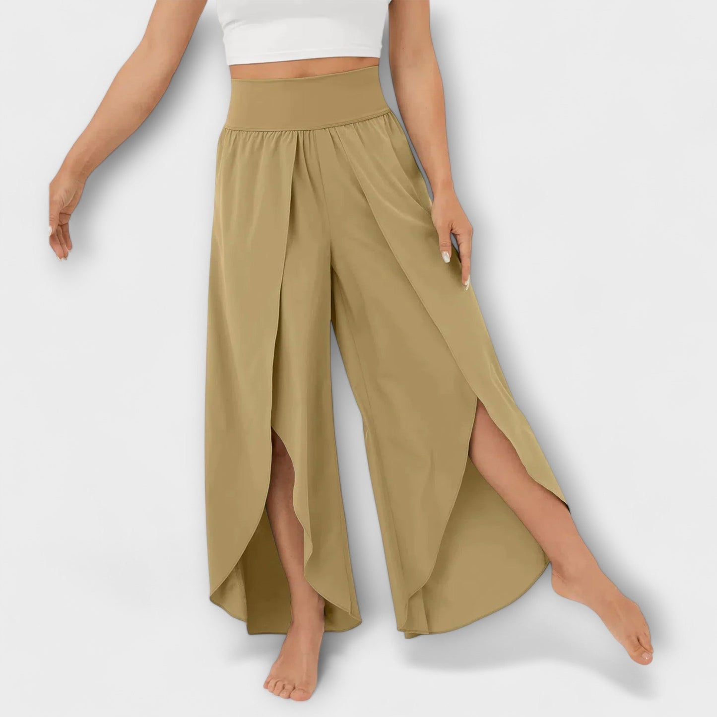 Femme Pantalon Large Taille Haute avec Fente et Short Intégré