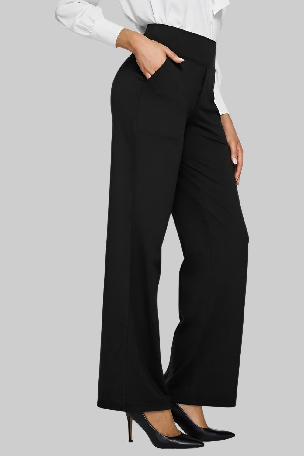 Femme Pantalon Large Taille Haute avec Poches et Jambe Droite