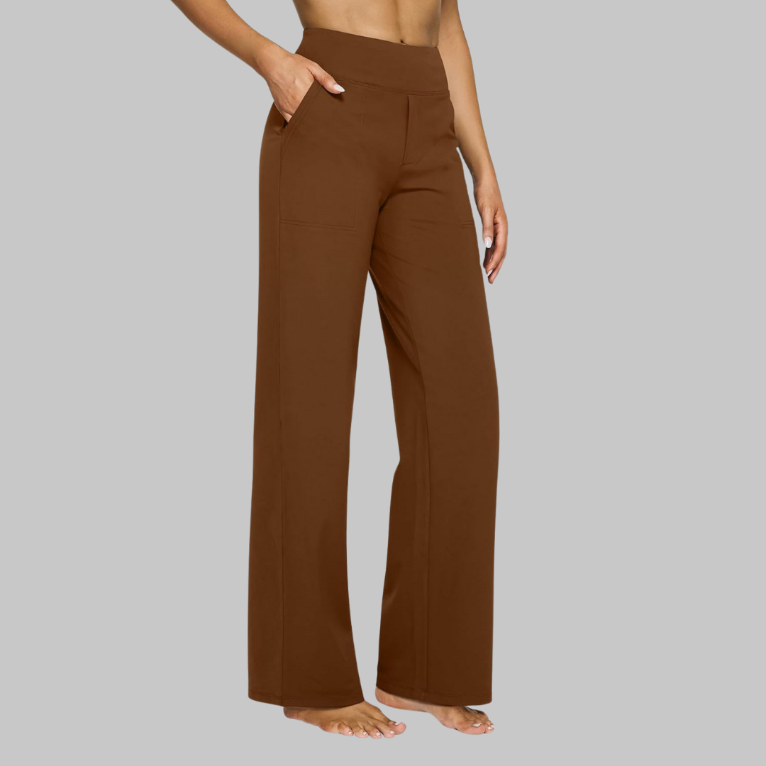 Femme Pantalon Large Taille Haute avec Poches et Jambe Droite