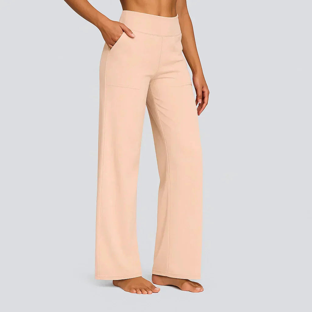 Femme Pantalon Large Taille Haute avec Poches et Jambe Droite