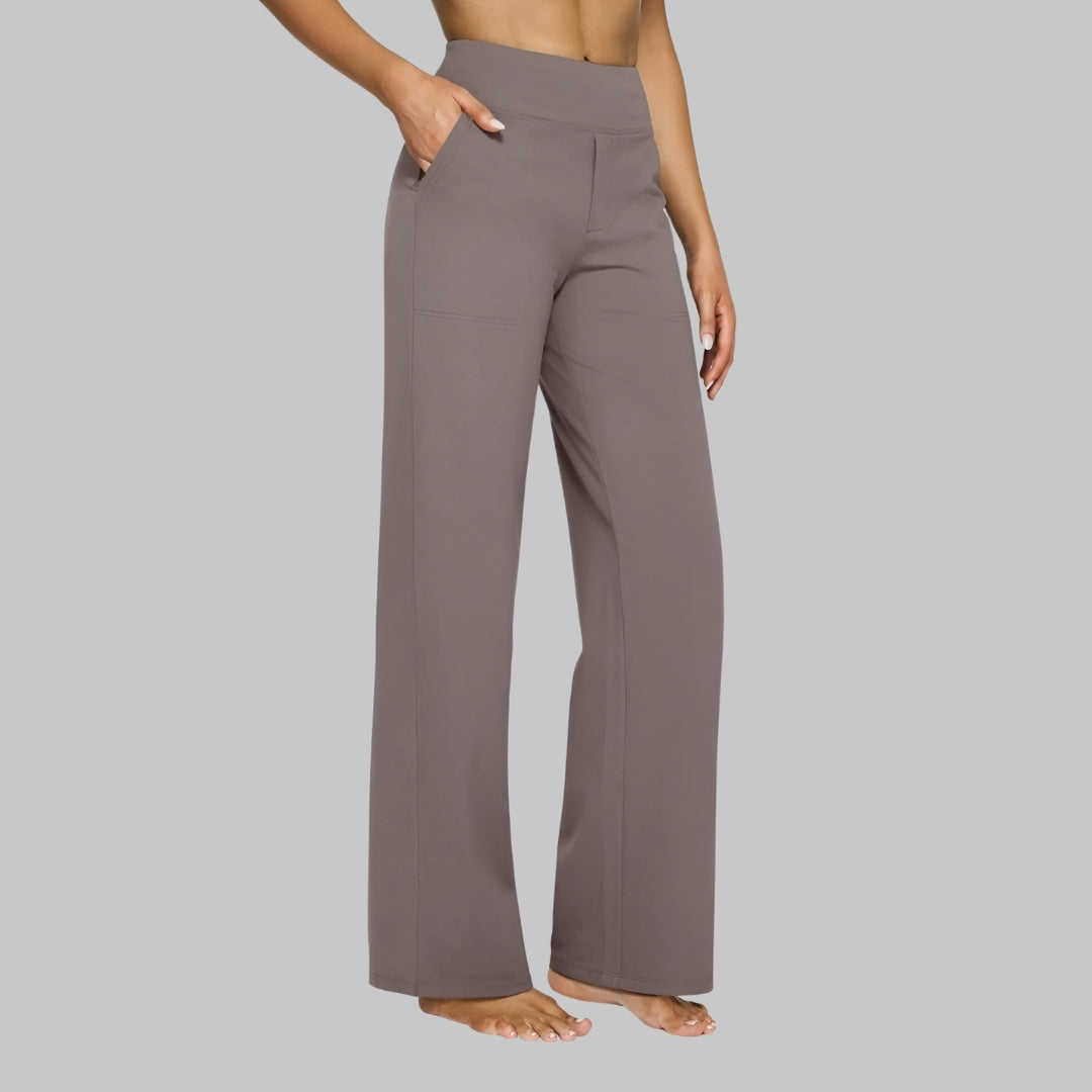 Femme Pantalon Large Taille Haute avec Poches et Jambe Droite