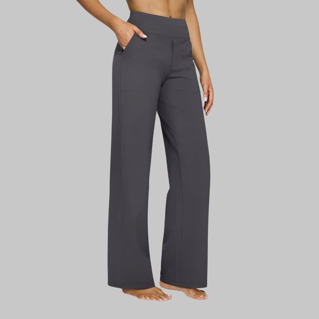 Femme Pantalon Large Taille Haute avec Poches et Jambe Droite