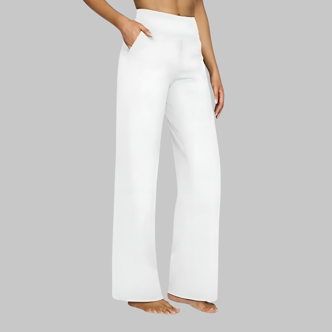 Femme Pantalon Large Taille Haute avec Poches et Jambe Droite
