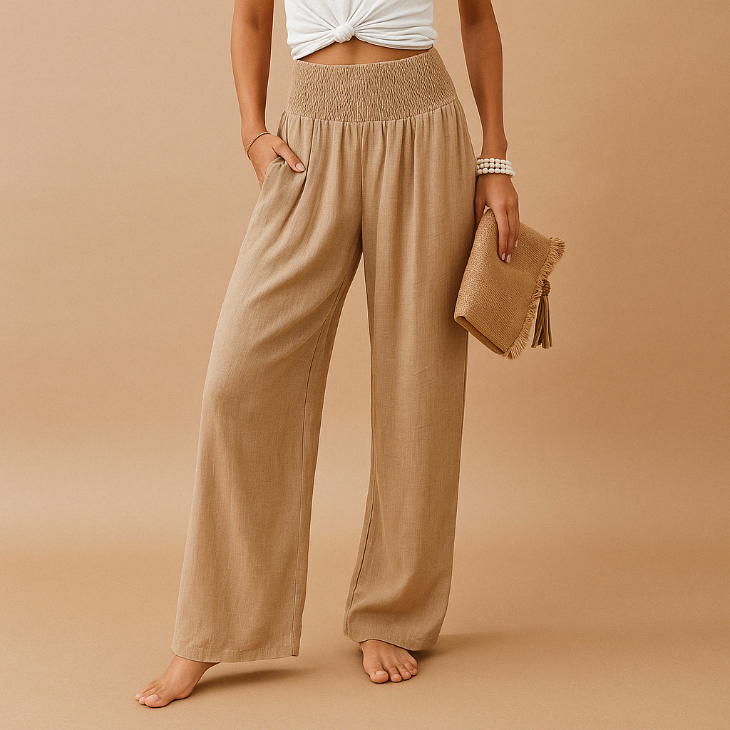 Femme Pantalon Large Taille Haute Smockée avec Poches Latérales