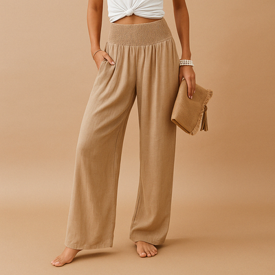 Femme Pantalon Large Taille Haute Smockée avec Poches Latérales