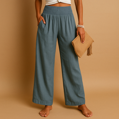 Femme Pantalon Large Taille Haute Smockée avec Poches Latérales