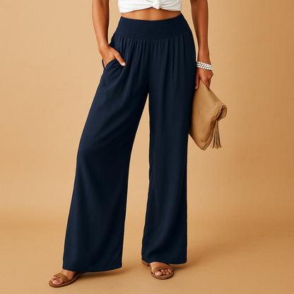 Femme Pantalon Large Taille Haute Smockée avec Poches Latérales