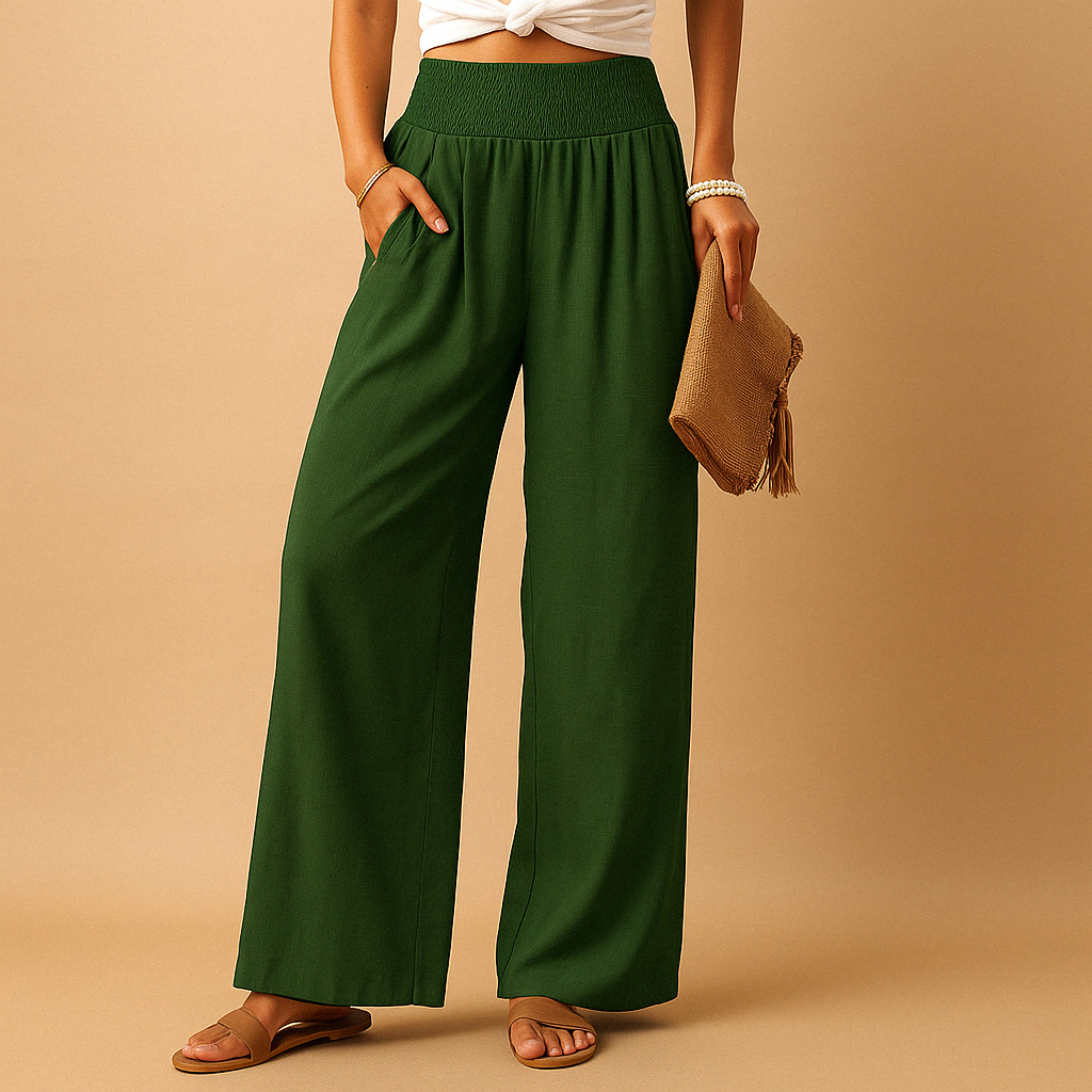 Femme Pantalon Large Taille Haute Smockée avec Poches Latérales