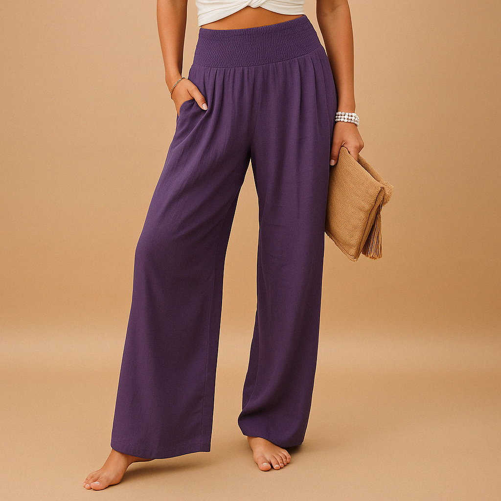 Femme Pantalon Large Taille Haute Smockée avec Poches Latérales
