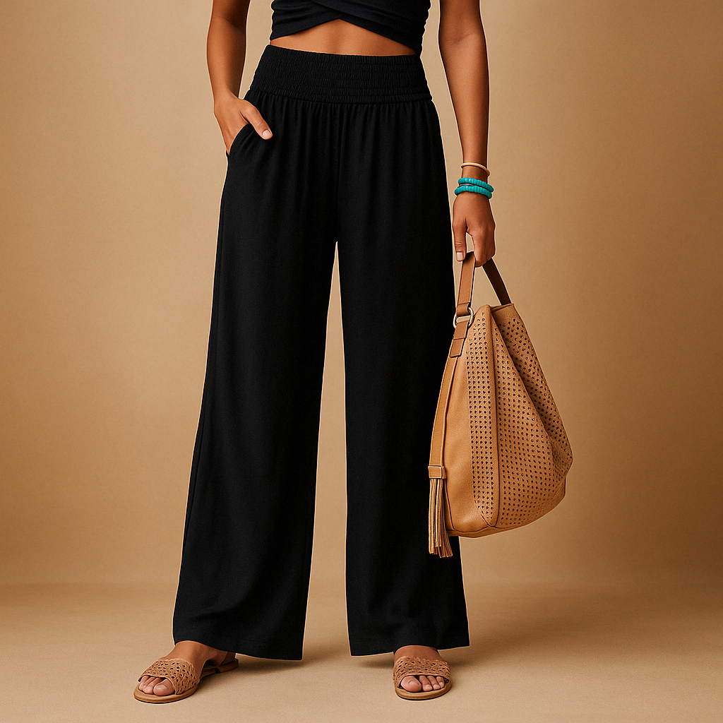 Femme Pantalon Large Taille Haute Smockée avec Poches Latérales