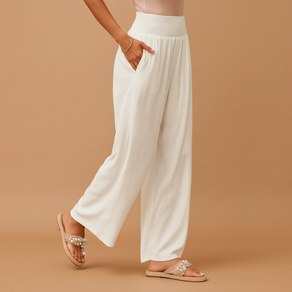 Femme Pantalon Large Taille Haute Smockée avec Poches Latérales