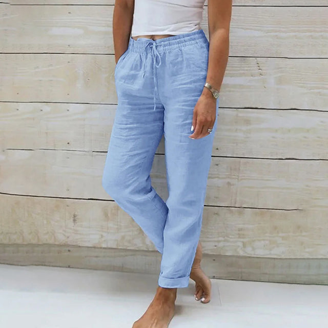 Femme Pantalon Long Taille Élastique avec Cordon et Jambe Droite
