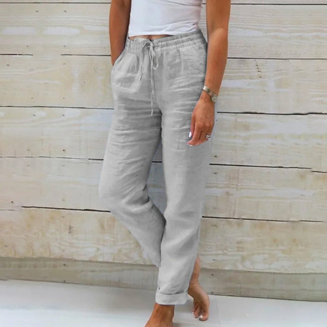 Femme Pantalon Long Taille Élastique avec Cordon et Jambe Droite