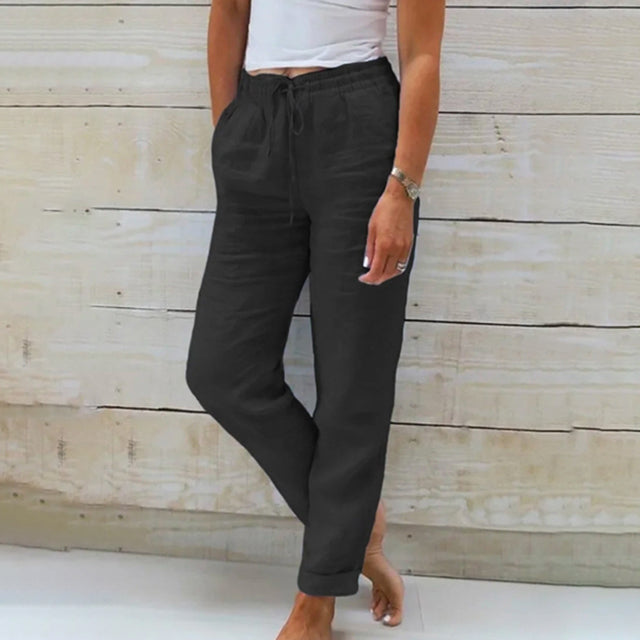 Femme Pantalon Long Taille Élastique avec Cordon et Jambe Droite
