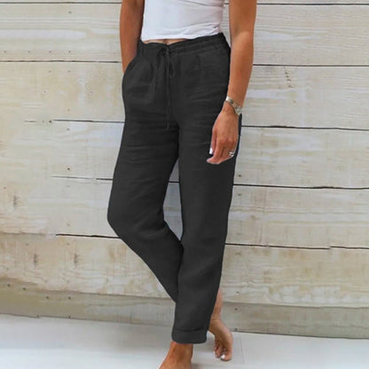 Femme Pantalon Long Taille Élastique avec Cordon et Jambe Droite