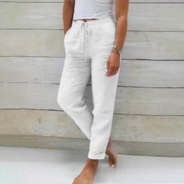 Femme Pantalon Long Taille Élastique avec Cordon et Jambe Droite