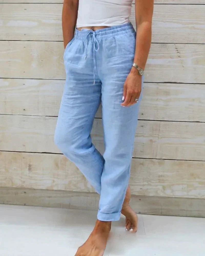 Femme Pantalon Long Taille Élastique avec Cordon et Poches Latérales