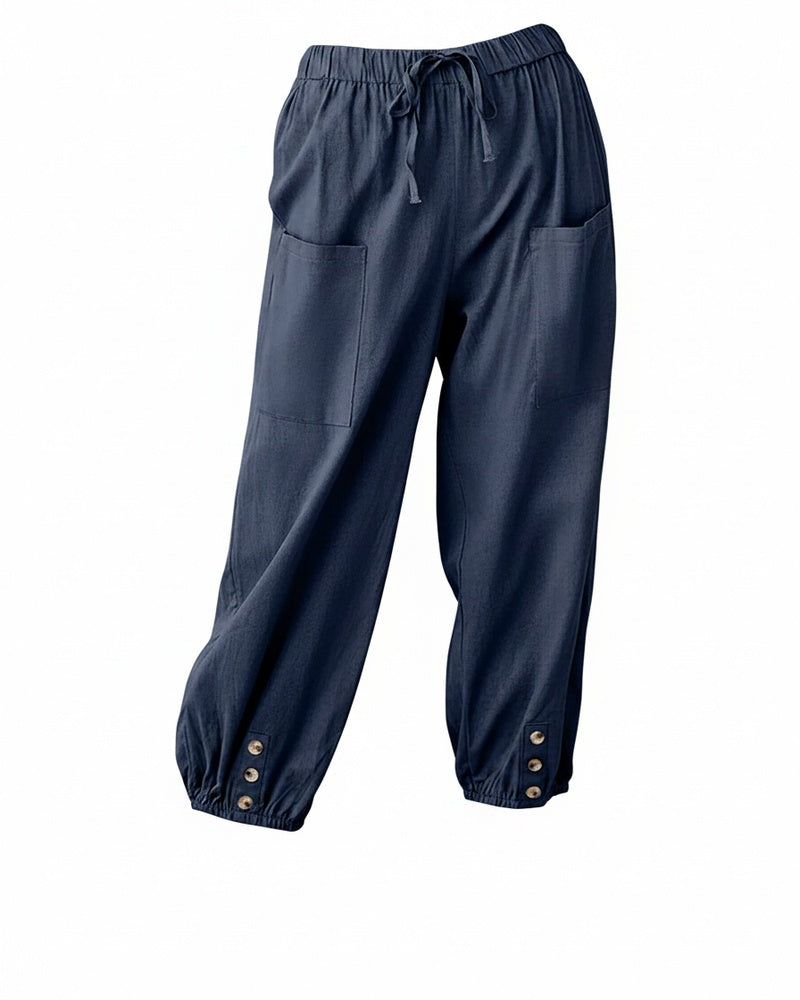 Femme Pantalon Sarouel Sept Huitièmes Taille Élastique avec Poches et Boutons