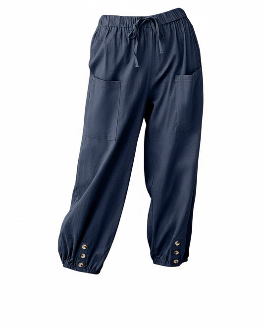 Femme Pantalon Sarouel Sept Huitièmes Taille Élastique avec Poches et Boutons