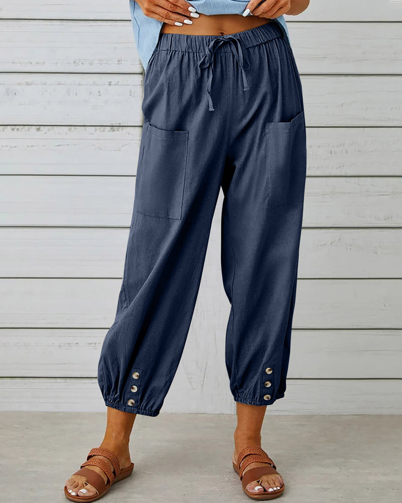 Femme Pantalon Sarouel Sept Huitièmes Taille Élastique avec Poches et Boutons