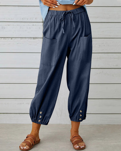 Femme Pantalon Sarouel Sept Huitièmes Taille Élastique avec Poches et Boutons