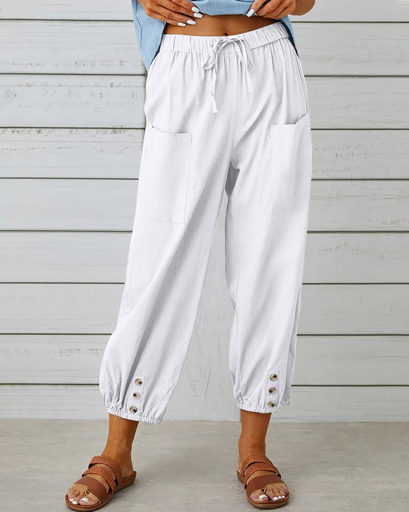 Femme Pantalon Sarouel Sept Huitièmes Taille Élastique avec Poches et Boutons