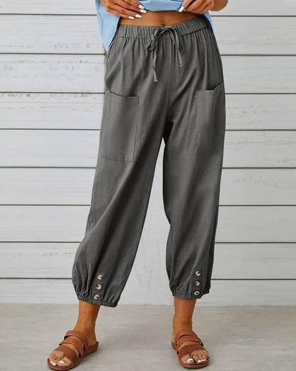 Femme Pantalon Sarouel Sept Huitièmes Taille Élastique avec Poches et Boutons