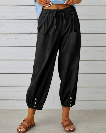 Femme Pantalon Sarouel Sept Huitièmes Taille Élastique avec Poches et Boutons