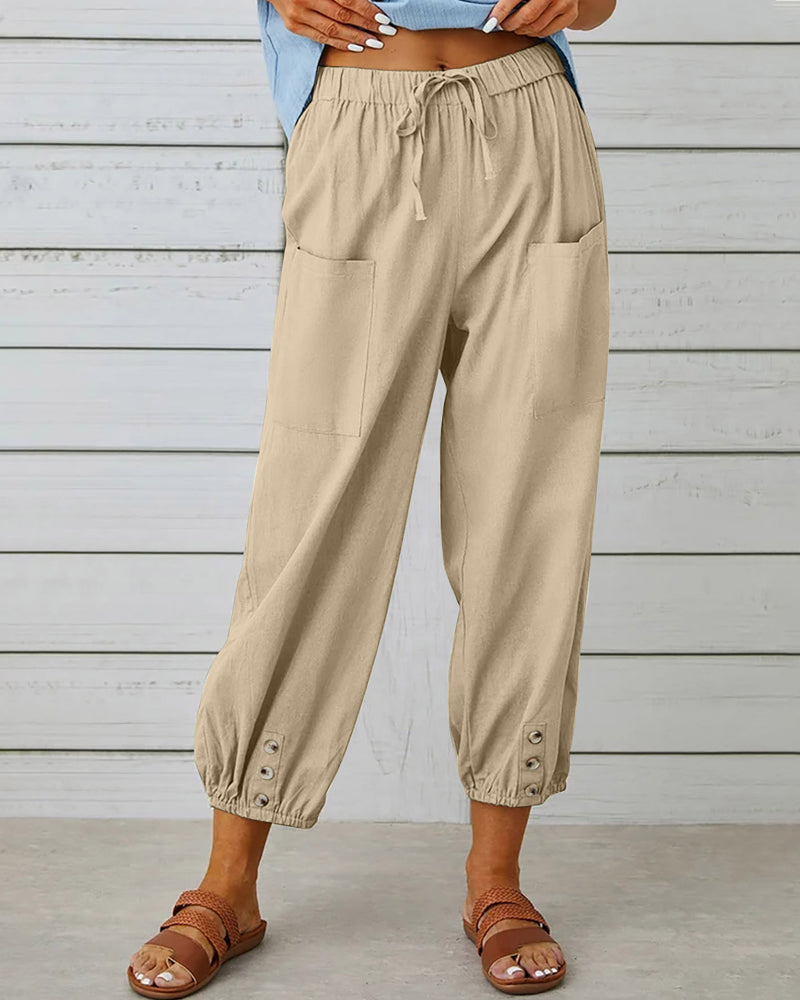 Femme Pantalon Sarouel Sept Huitièmes Taille Élastique avec Poches et Boutons