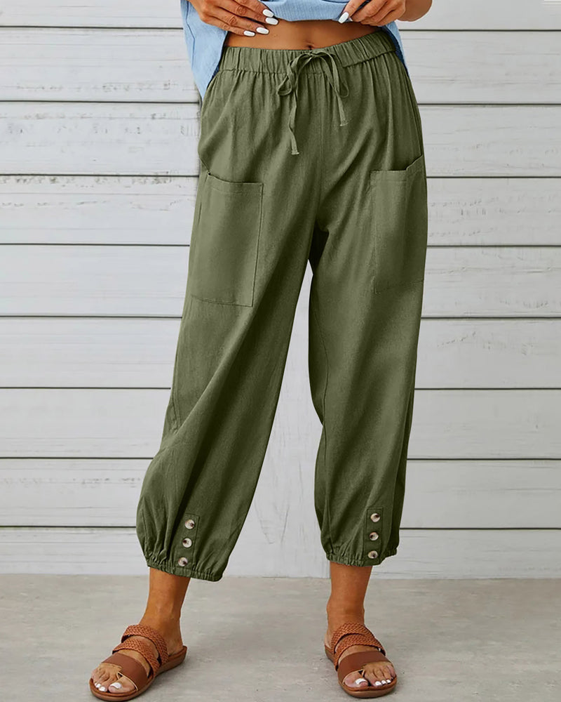 Femme Pantalon Sarouel Sept Huitièmes Taille Élastique avec Poches et Boutons