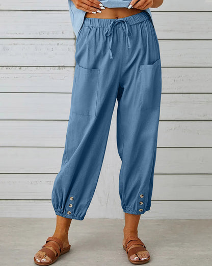 Femme Pantalon Sarouel Sept Huitièmes Taille Élastique avec Poches et Boutons